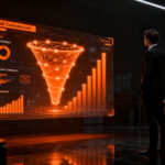 Estratega de marketing B2B analizando flujos de datos para optimizar campañas de inbound marketing y crecimiento empresarial.