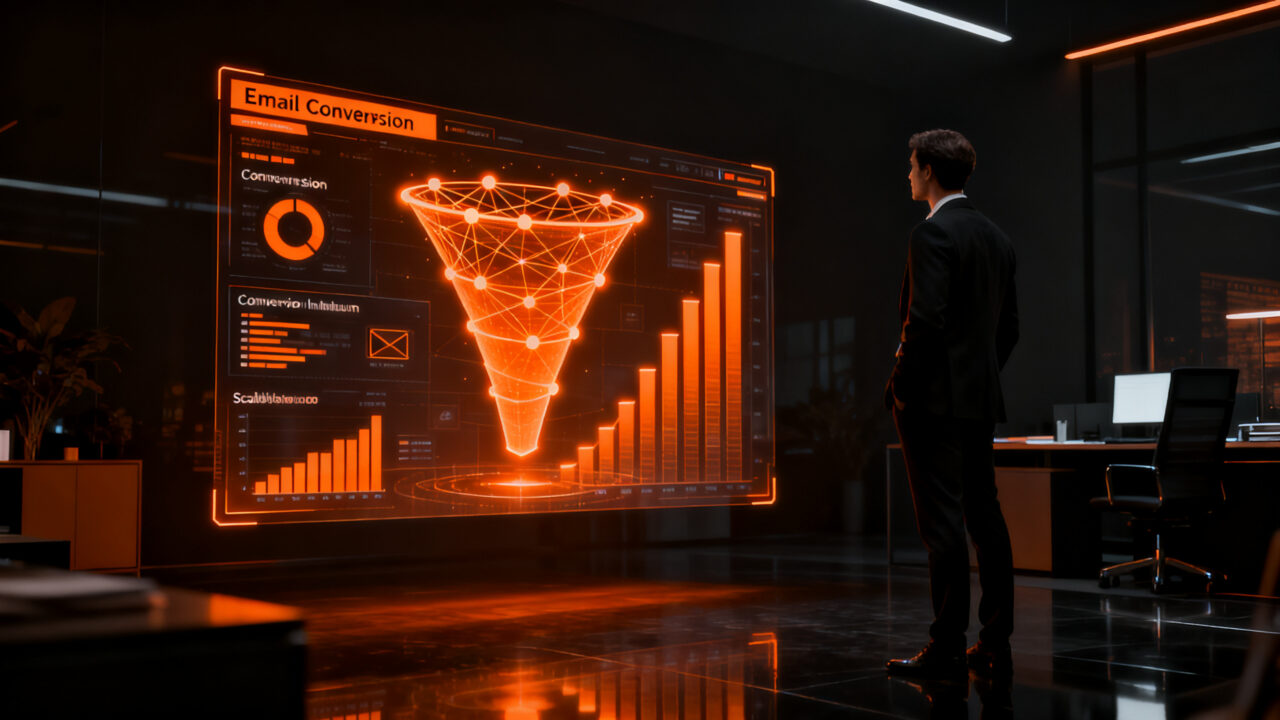 Estratega de marketing B2B analizando flujos de datos para optimizar campañas de inbound marketing y crecimiento empresarial.