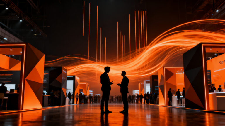 Emprendedor en feria tecnológica estratégica conectando con inversores para captar capital startup.