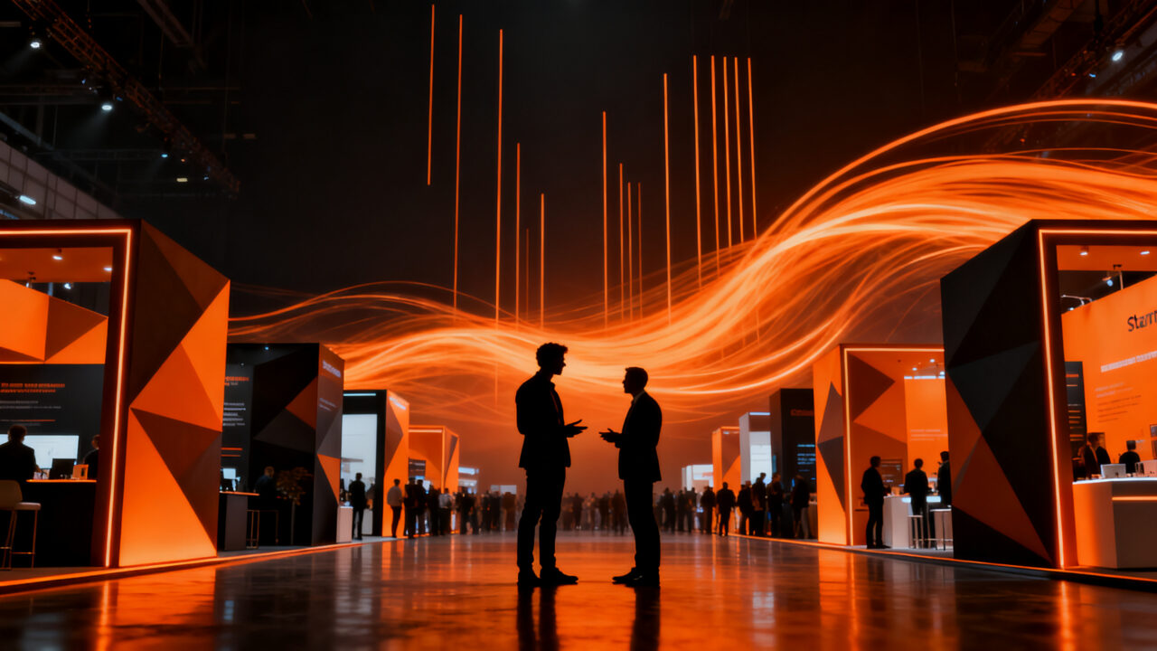 Emprendedor en feria tecnológica estratégica conectando con inversores para captar capital startup.