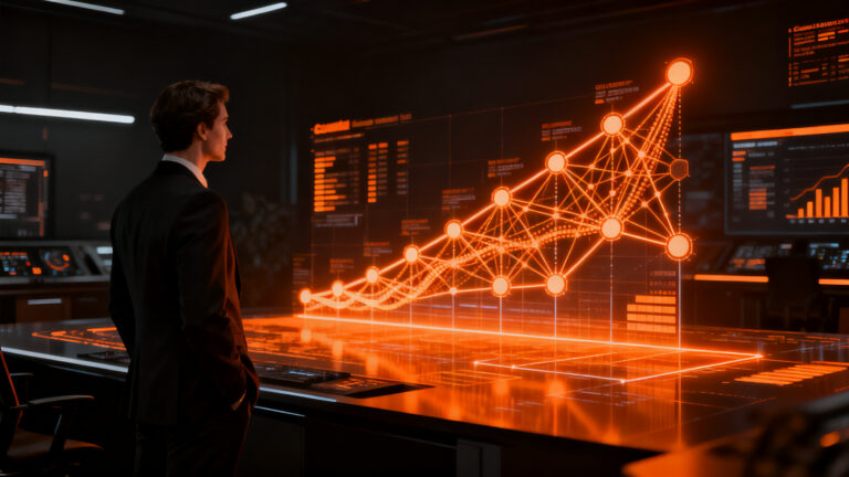 Estratega analizando datos de inteligencia artificial para la transformación digital y optimización en startups y PyMEs.