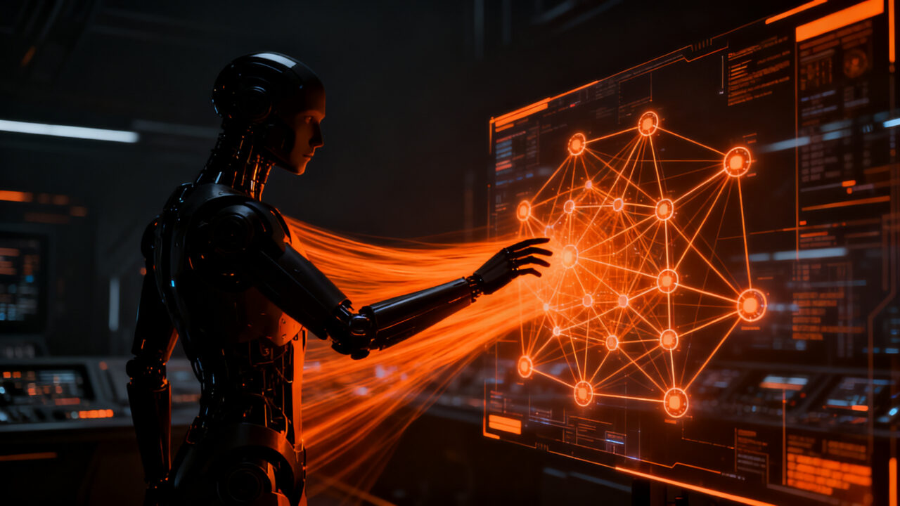 Agente de IA interactuando con datos de blockchain Etherscan y redes EVM, representando la integración de inteligencia artificial y cripto.