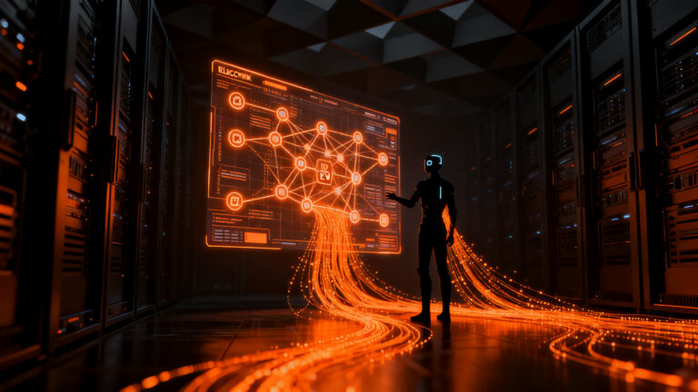 Agente de inteligencia artificial analizando datos en la blockchain a través de Etherscan, representando la integración de IA en redes EVM.