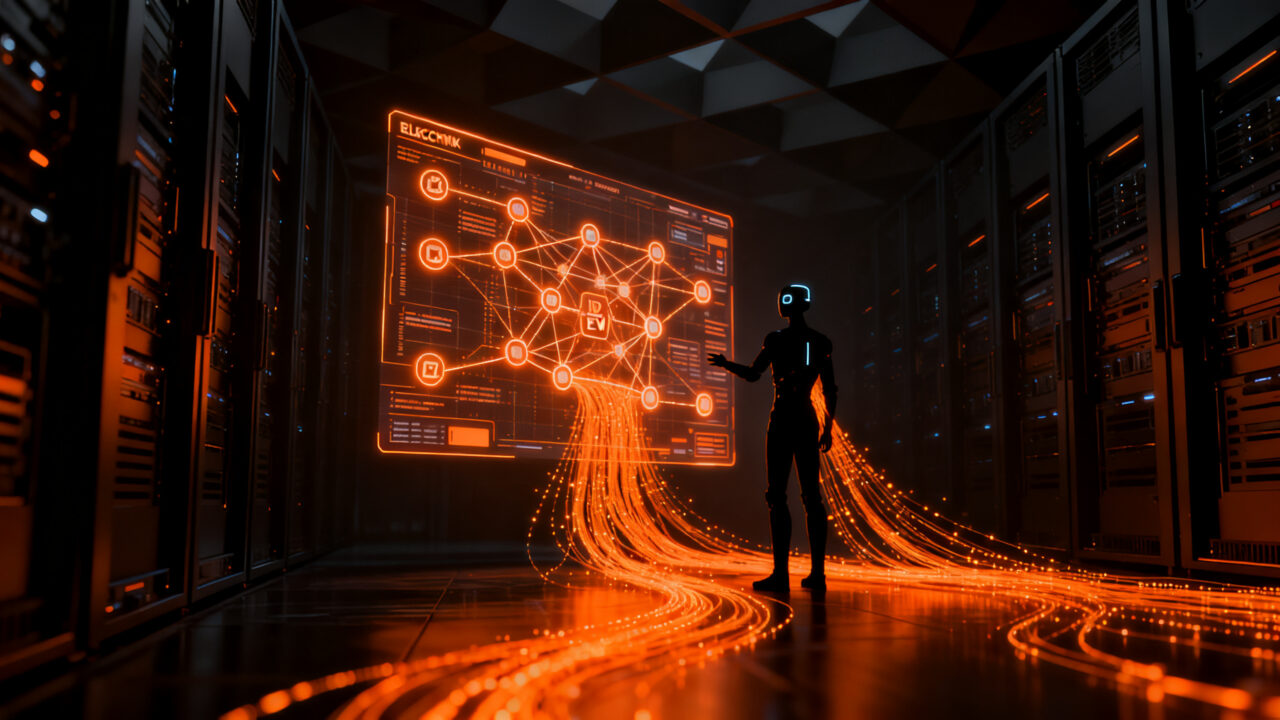 Agente de inteligencia artificial analizando datos en la blockchain a través de Etherscan, representando la integración de IA en redes EVM.