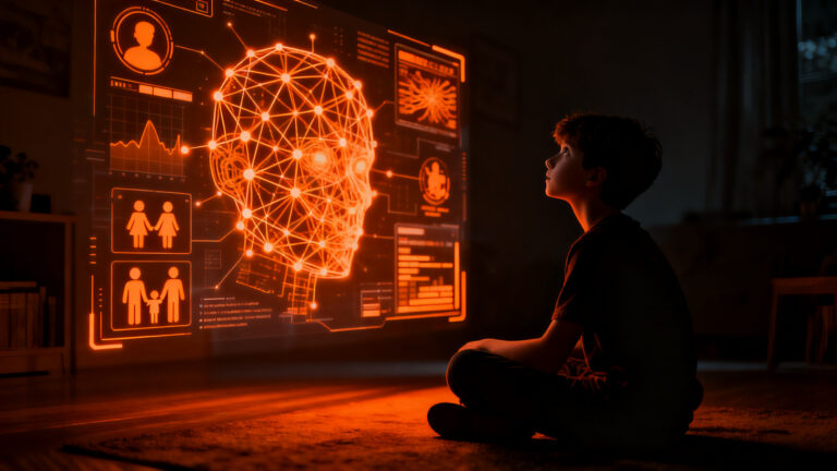Debate ético sobre el uso de inteligencia artificial en niños y familias, representando el impacto de la tecnología en la crianza.
