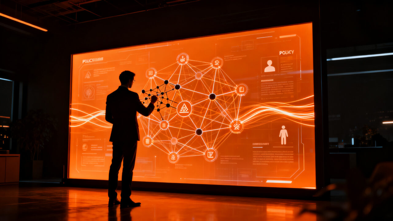 Líder político y experto tecnológico analizando la ética de la inteligencia artificial en un entorno digital complejo.