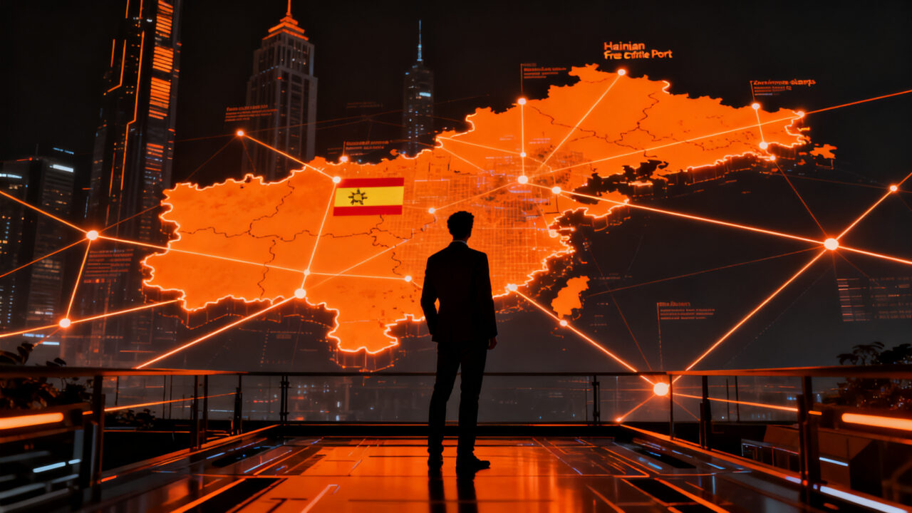 Emprendedor español analizando un puerto digital en Hainan, representando la expansión internacional de startups en China.