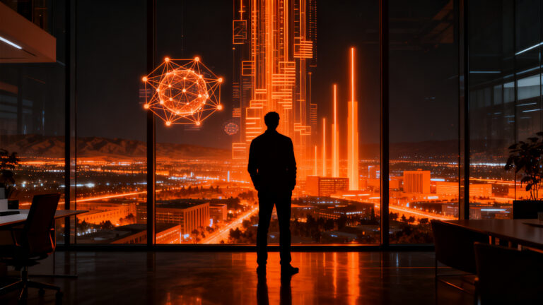 Estratega de startups analizando datos de IA en Silicon Valley, representando la alta competencia por talento técnico y salarios premium.
