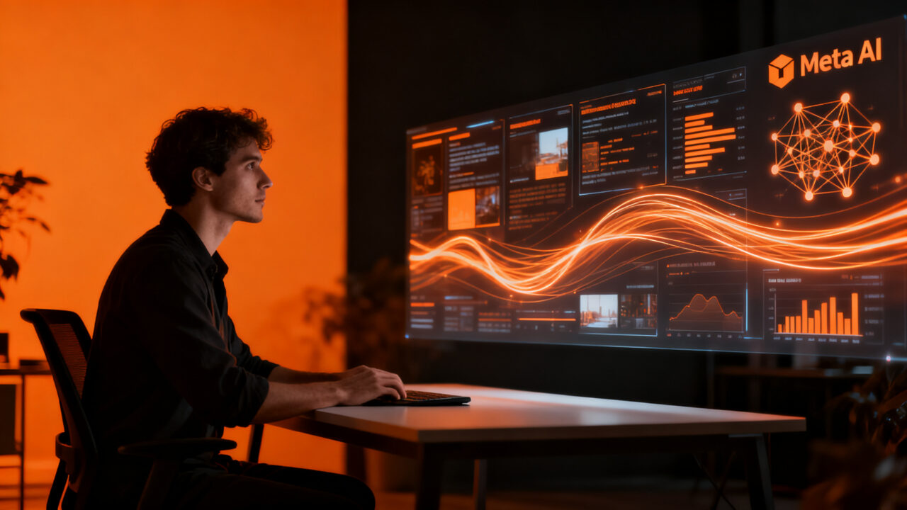 Creador de contenido interactuando con herramientas de IA en Facebook Creator Studio 2026 para startups.