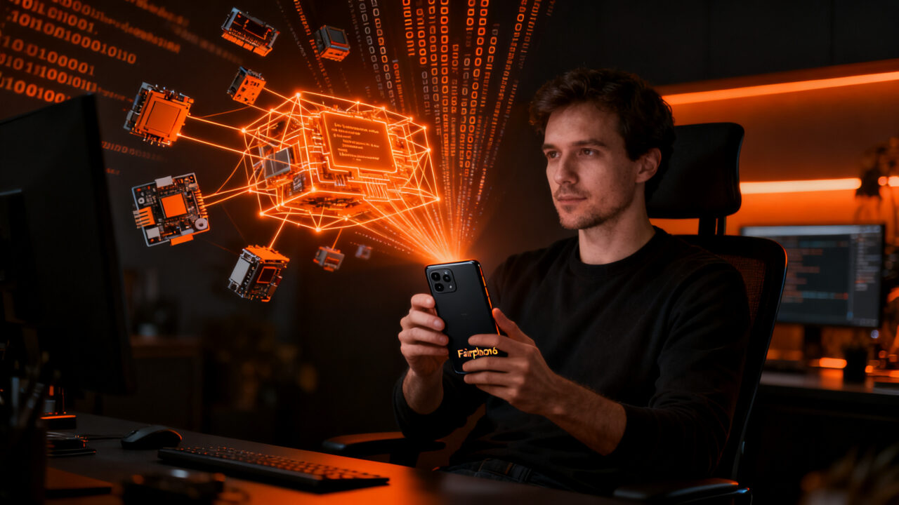 Un desarrollador trabajando en un Fairphone 6 con postmarketOS, representando la innovación del hardware open source y el Linux móvil.