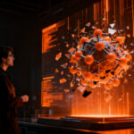 Investigador de deeptech analizando fallos en benchmarks de química cuántica en un entorno de laboratorio futurista.