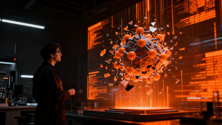 Investigador de deeptech analizando fallos en benchmarks de química cuántica en un entorno de laboratorio futurista.