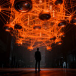 Silueta humana frente a una red compleja de vigilancia, representando el dilema ético entre seguridad y privacidad en startups tecnológicas.