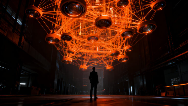 Silueta humana frente a una red compleja de vigilancia, representando el dilema ético entre seguridad y privacidad en startups tecnológicas.