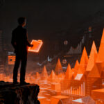 Emprendedor ante un abismo de datos financieros, simbolizando la toma de decisiones estratégicas frente al FOMO en startups.