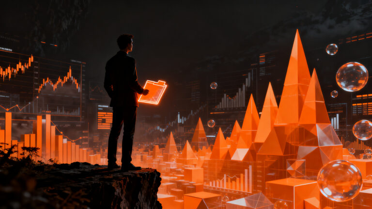 Emprendedor ante un abismo de datos financieros, simbolizando la toma de decisiones estratégicas frente al FOMO en startups.