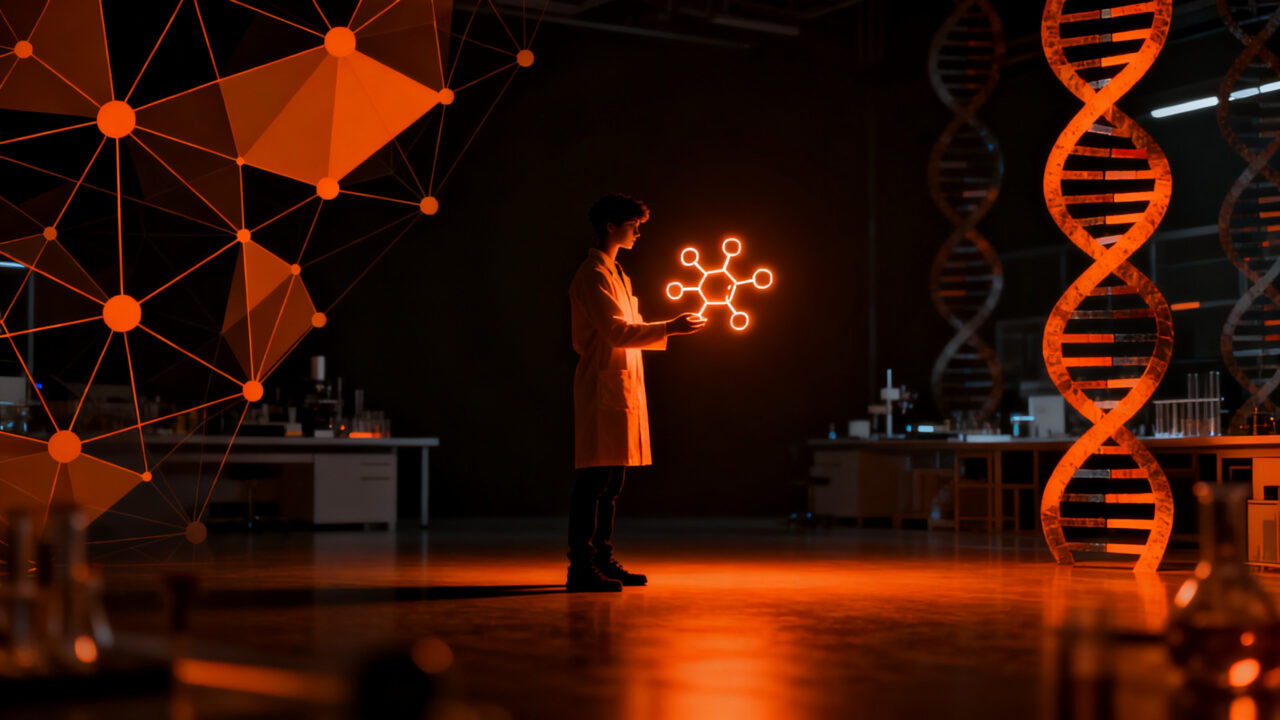 Estudiante investigador trabajando en un laboratorio de alta tecnología, representando el financiamiento para startups científicas de la UdeC.