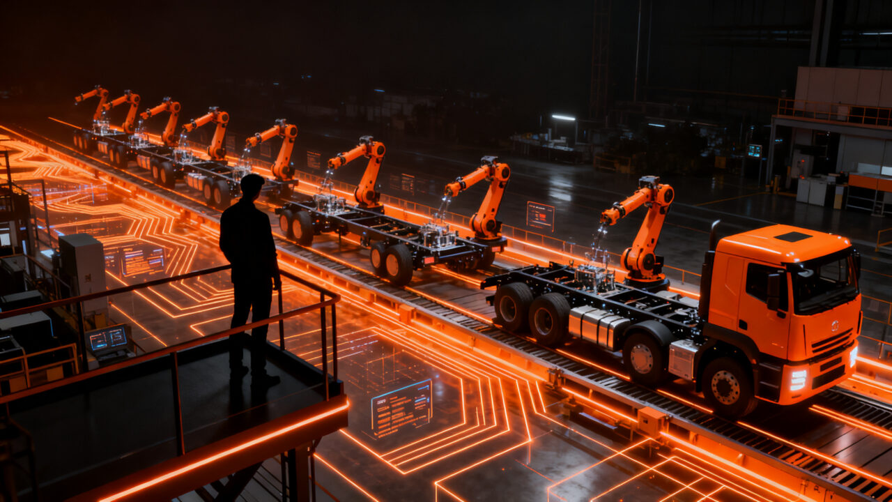Fábrica inteligente de Ford representando la automatización y eficiencia en la producción de vehículos eléctricos.