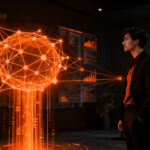 Emprendedor analizando datos de IA en una oficina moderna, simbolizando la importancia de la formación digital en pymes para cerrar la brecha tecnológica.