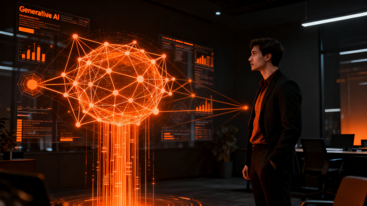 Emprendedor analizando datos de IA en una oficina moderna, simbolizando la importancia de la formación digital en pymes para cerrar la brecha tecnológica.