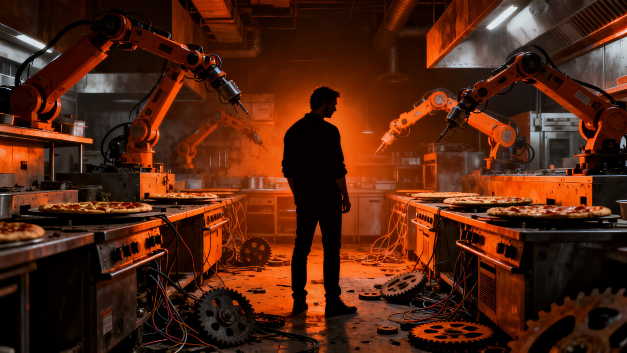 El fracaso de la automatización en foodtech: robots abandonados simbolizando lecciones de negocio para startups.