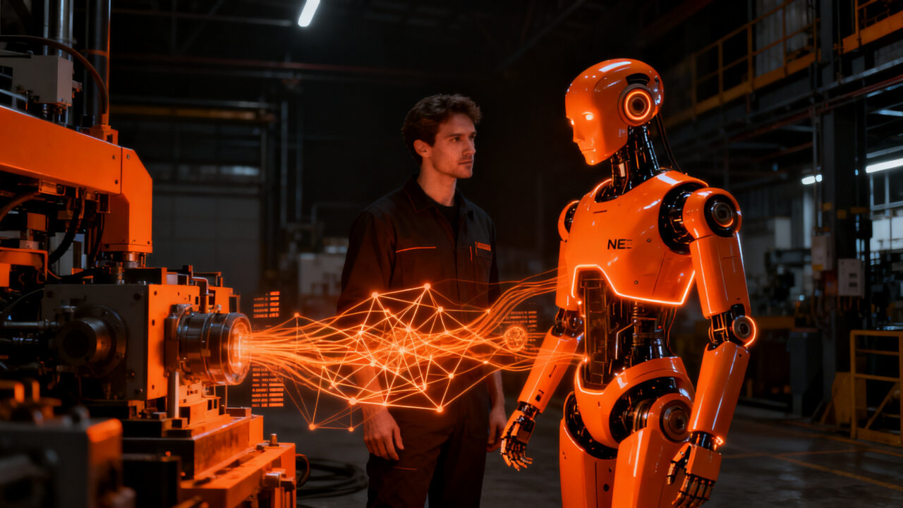 Robot humanoide NEO de 1X Technologies junto a un ingeniero, representando el futuro de la automatización industrial y la IA.