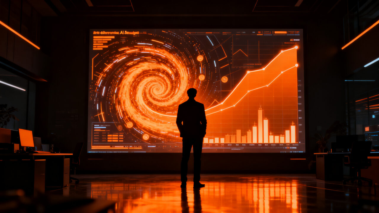 Un ejecutivo analiza gráficos de consumo de tokens de IA en una oficina oscura, representando la gestión de costes y presupuestos en startups.