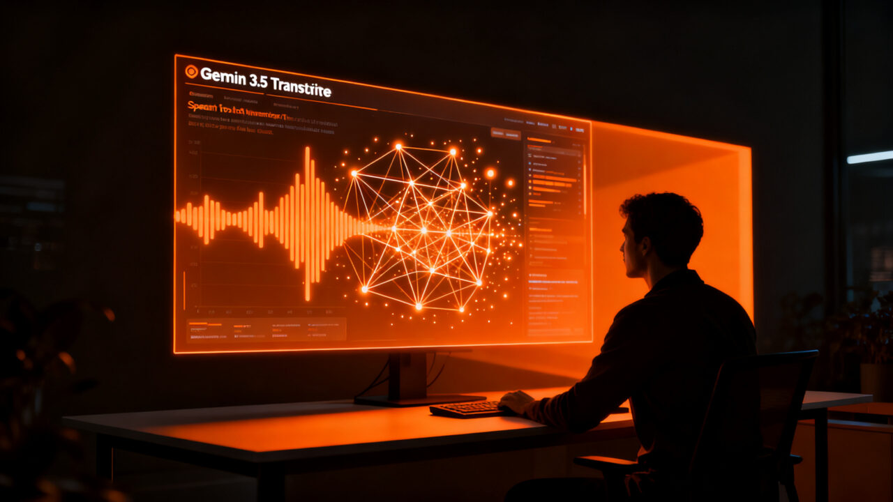 Ingeniero de software utilizando Gemini 3.5 Transcribe para procesar voz a texto con alta precisión y baja latencia en un entorno de desarrollo de IA.