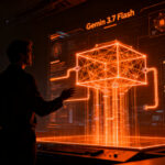 Agente de IA empresarial analizando redes neuronales de Gemini 3.7 Flash con tecnología Antigravity para startups.
