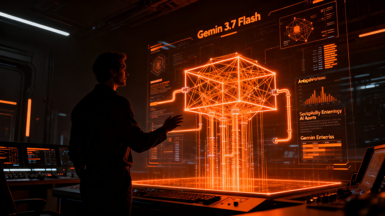 Agente de IA empresarial analizando redes neuronales de Gemini 3.7 Flash con tecnología Antigravity para startups.