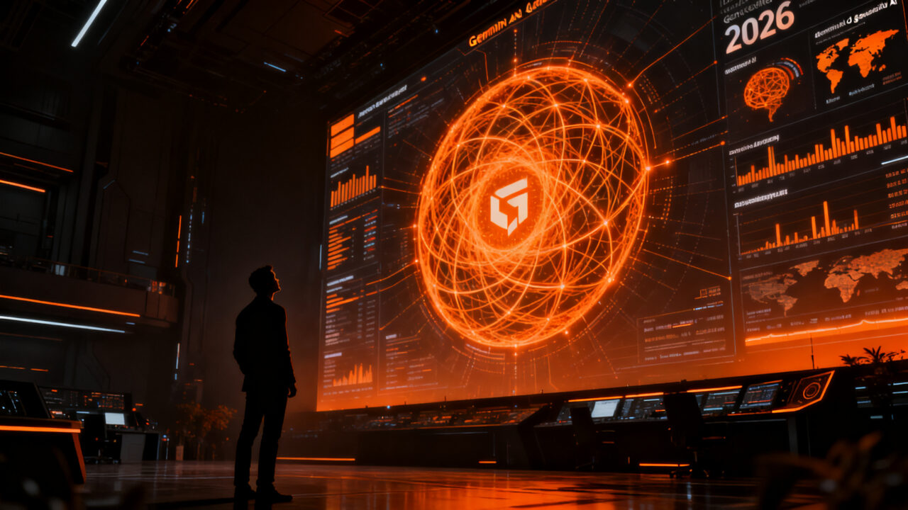 Un emprendedor analizando redes de datos de inteligencia artificial, representando la adopción estratégica de Gemini y el impacto de la IA en startups.