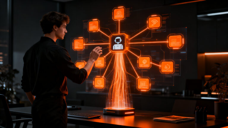 Emprendedor utilizando IA de Google Gemini para automatizar procesos y escalar su startup con múltiples integraciones digitales.