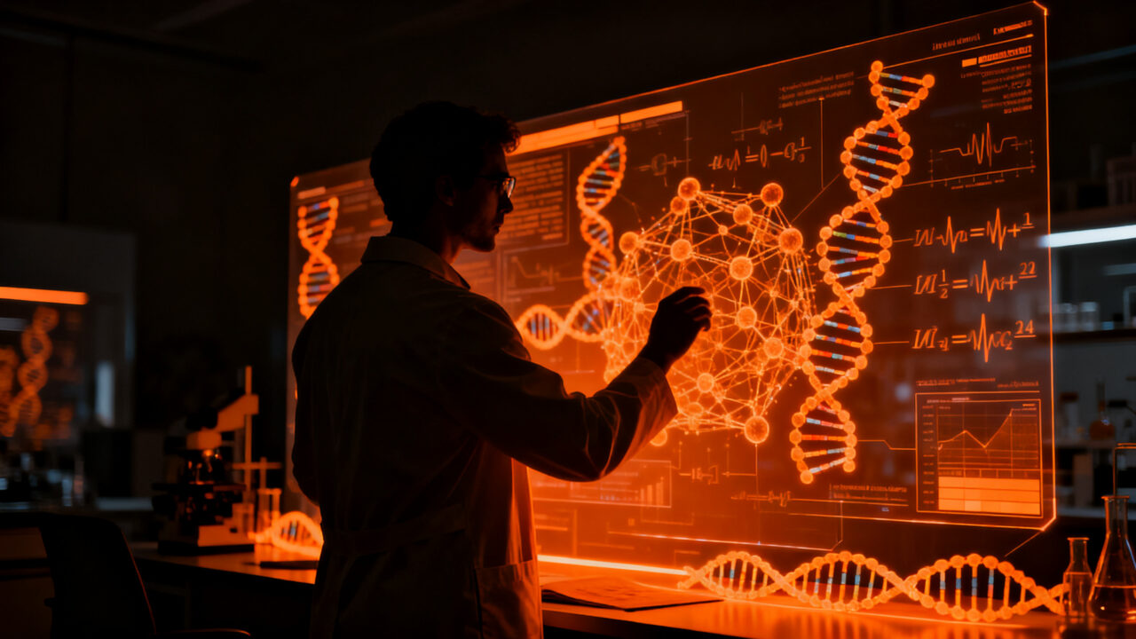 Investigador analizando estructuras de álgebra genómica en laboratorio de biotecnología para medicina de precisión en Uruguay.