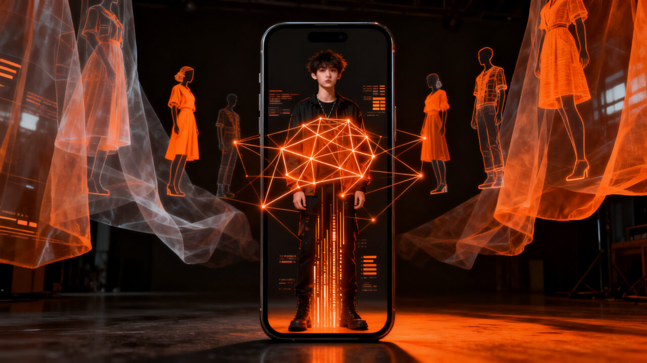 Joven de la Generación Z interactuando con algoritmos digitales de moda, representando el consumo de identidades y tendencias virales.