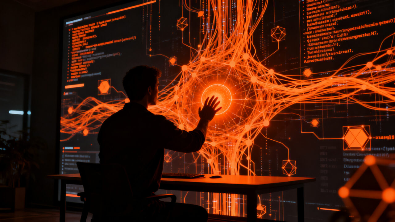 Ingeniero de software analizando código de agentes de IA en un entorno futurista, representando el control de la deuda cognitiva y desarrollo tech.