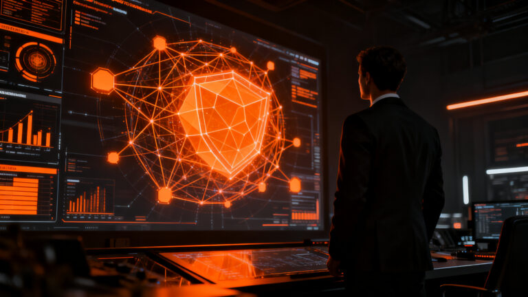 Emprendedor analizando tecnología de defensa y ciberseguridad en un entorno digital, representando el premio de Gijón Impulsa.