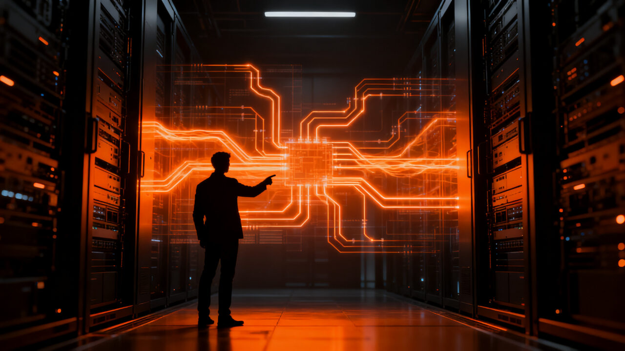 Optimización de costos en IA empresarial mediante model routing, representando la eficiencia tecnológica y la independencia de proveedores.