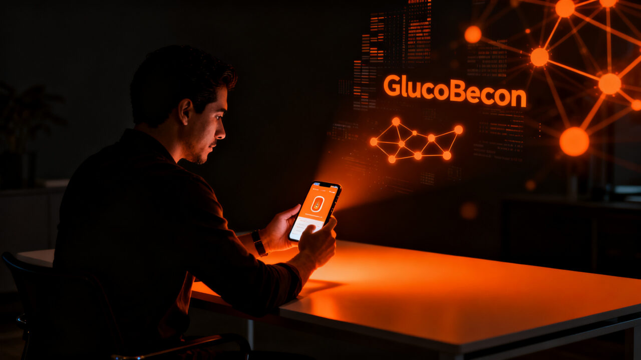 Emprendedor latino desarrollando GlucoBeacon, una app de salud digital con IA para el control de diabetes en México.