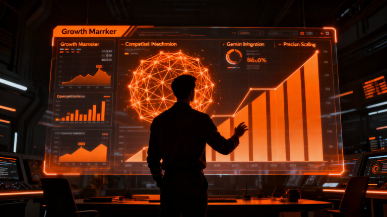 Estratega de marketing analizando datos avanzados de Google Ads y Gemini con inteligencia artificial para crecimiento startup.