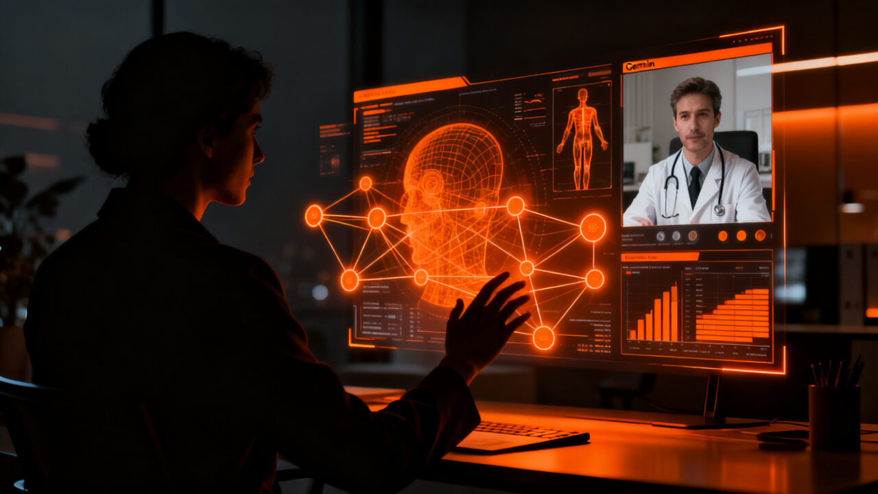 Doctor utilizando inteligencia artificial multimodal de Google para mejorar diagnósticos en consultas de telemedicina.