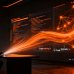 Desarrollador trabajando con agentes de IA de Google Antigravity 2.0 en un entorno de programación futurista.