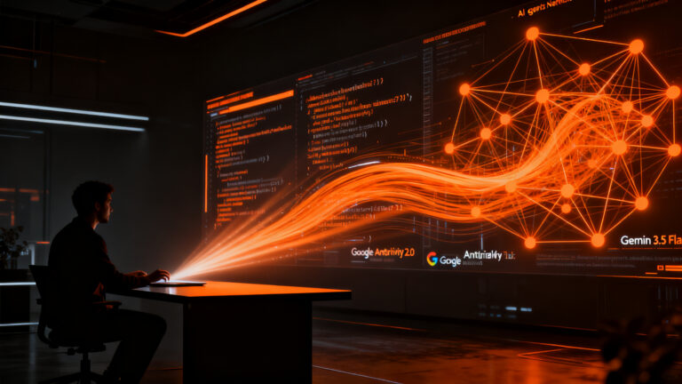 Desarrollador trabajando con agentes de IA de Google Antigravity 2.0 en un entorno de programación futurista.