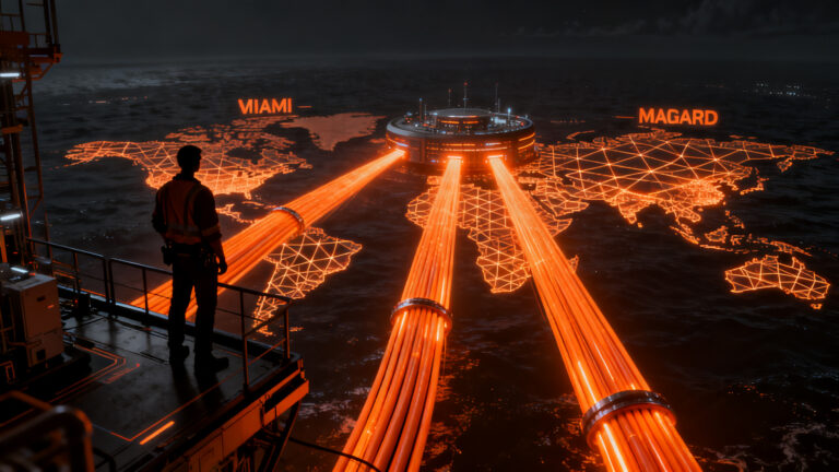 Infraestructura digital de Google con cables submarinos conectando Latinoamérica hacia el hub de República Dominicana.