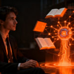 Usuario interactuando con una interfaz de inteligencia artificial integrada con libros digitales para gestión de conocimiento.