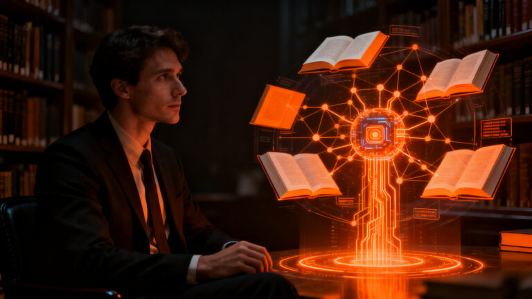 Usuario interactuando con una interfaz de inteligencia artificial integrada con libros digitales para gestión de conocimiento.