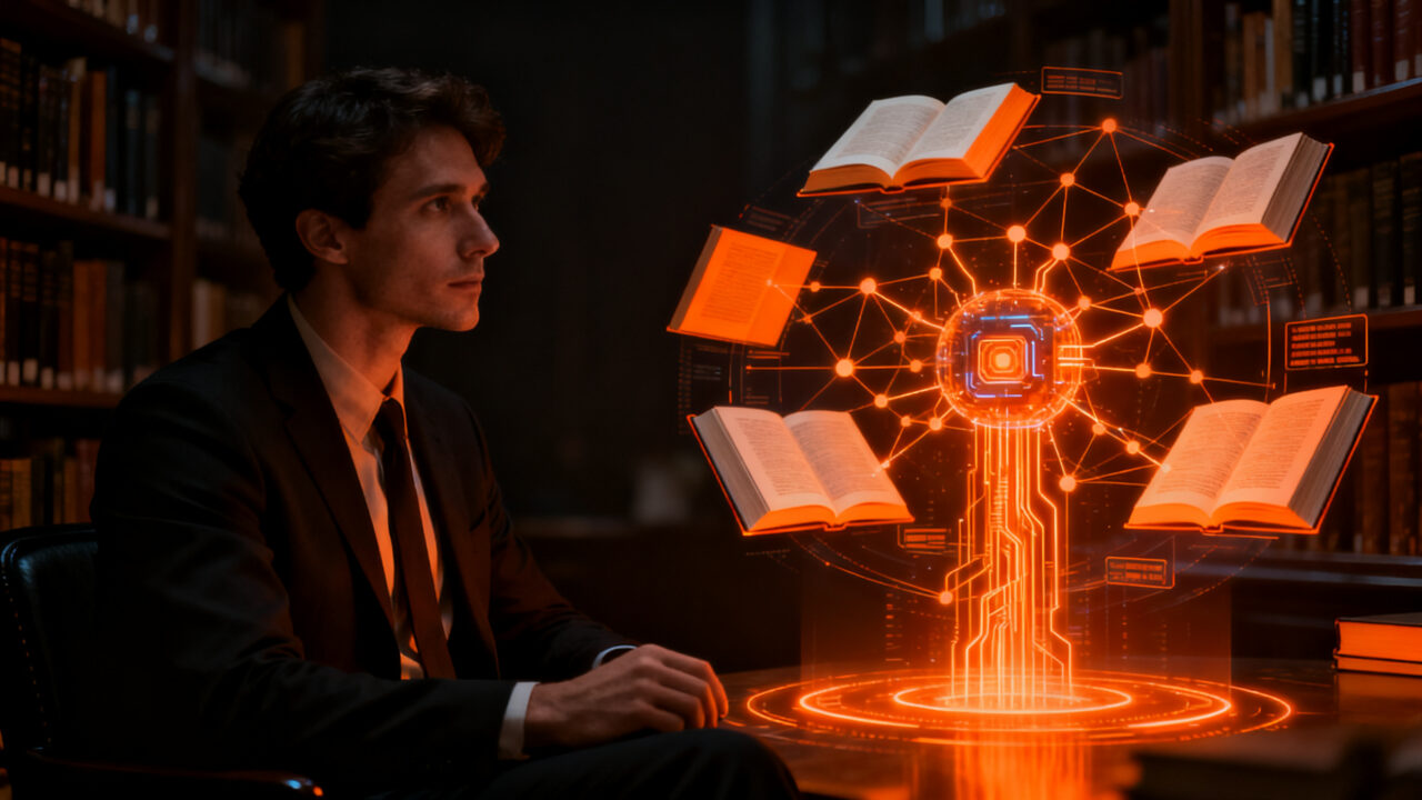 Usuario interactuando con una interfaz de inteligencia artificial integrada con libros digitales para gestión de conocimiento.