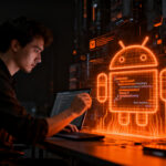 Programador optimizando código de aplicación móvil para cumplir con nuevos requisitos de memoria RAM de Google Play 2027.