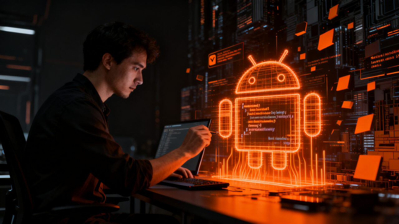 Programador optimizando código de aplicación móvil para cumplir con nuevos requisitos de memoria RAM de Google Play 2027.