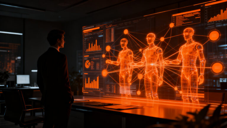 Agentes autónomos de IA Grok Bot trabajando en una startup, representando la automatización y productividad empresarial.