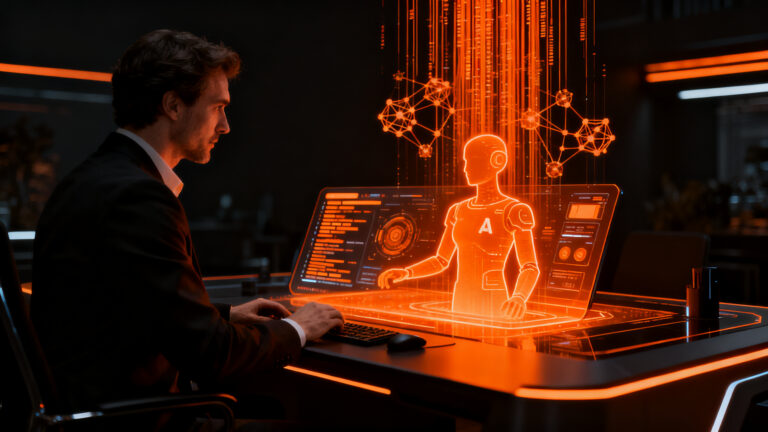 Agente de IA autónomo operando una computadora virtual, representando la automatización del futuro en startups con tecnología x.ai Grok.